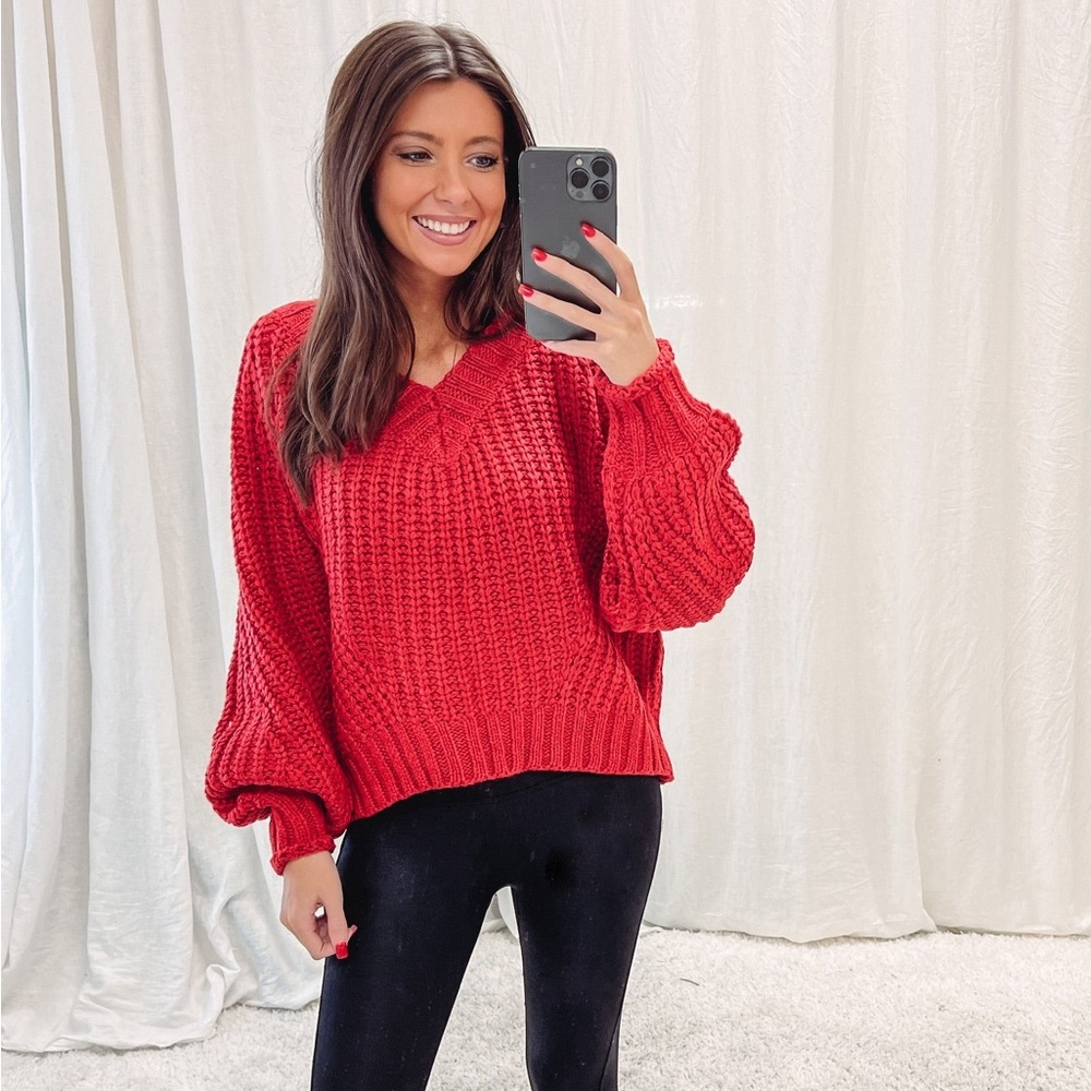 Oversized Red Thick Cozy V-Neck Sweater